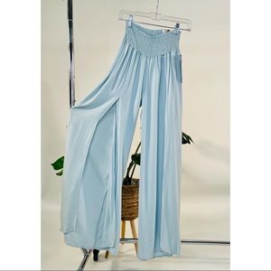Elastic Waist Wide Blue Pants